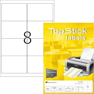 TopStick Etichette autoadesive per indirizzi, 8 etichette per foglio A4, 100 fogli, 99,1 x 67,7 mm, 800 etichette, etichette postali vuote, per stampanti laser e inkjet, bianco